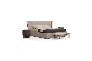 Design bed, headboard with geometric embroidery, and upholstered bed frame by Zanaboni - view 2