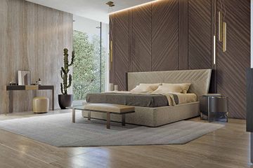 Design bed, headboard with geometric embroidery, and upholstered bed frame by Zanaboni - view 5