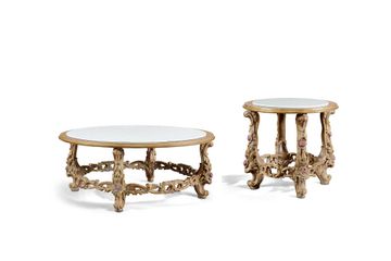 Small tables in carved wood with antique decapé finishing, gold and colored details by Zanaboni - view 2
