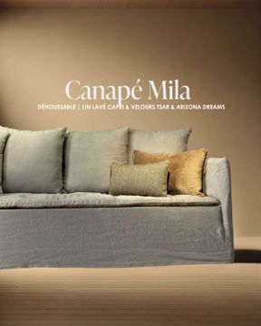 Canapé Mila 260 cm en lin lavé Capri taupe & velours Tsar havane beach 233 by Bérengère Leroy - view 4