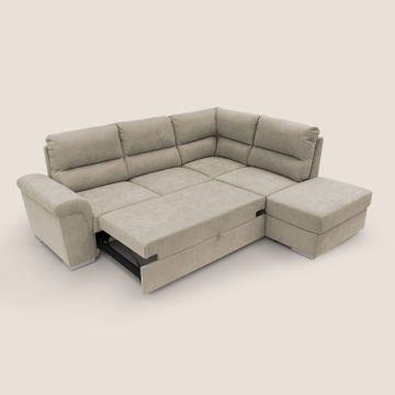 Minerva sofa corner with pull-out a cassettone and pouf storage in fabric soft water-repellent by Divani Store - view 2
