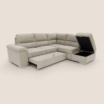 Minerva sofa corner with pull-out a cassettone and pouf storage in fabric soft water-repellent by Divani Store - view 3