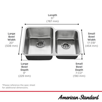 Danville 31 x 20-Inch Stainless Steel Undermount Double-Bowl Residential Kitchen Sink by American Standard - view 7