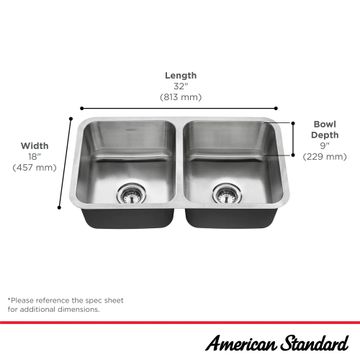 Danville 32 x 18-Inch Stainless Steel Double-Bowl Undermount Residential Kitchen Sink by American Standard - view 7