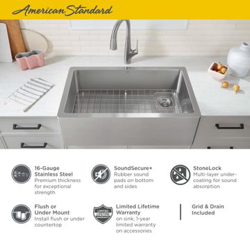 Avery 36 x 20-Inch Stainless Steel Undermount or Flush Mount Single Bowl Apron Front Kitchen Sink by American Standard - view 3