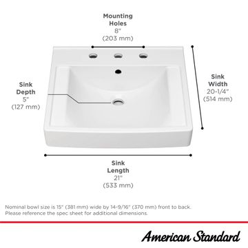 Decorum 21 x 20-1/4-Inch (533 x 514 mm) Wall-Hung EverClean Sink With 8-Inch Widespread by American Standard - view 6