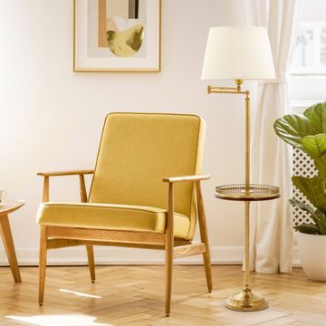 Studio Nora brass reading floor lamp with wooden table and ornamental grille by Il Bronzetto - view 2