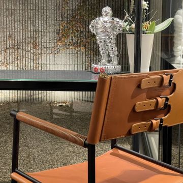 Repose Bar Stool with Backrest - Cowhide Leather with Brass Accents by Jover+Valls - view 8