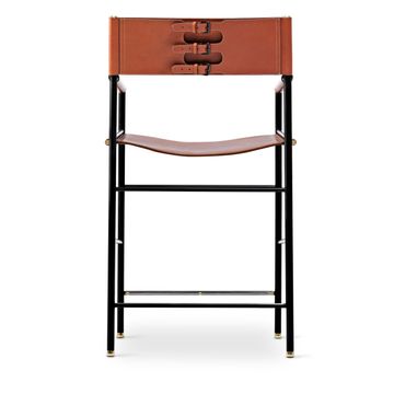 Repose Bar Stool with Backrest - Cowhide Leather with Brass Accents by Jover+Valls - view 2