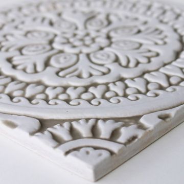 Handmade tile beige white suzani #4 [20cm/7.8"] by G Vega - view 7