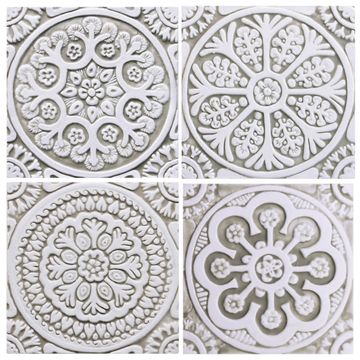 Handmade tile beige white suzani #4 [20cm/7.8"] by G Vega - view 3