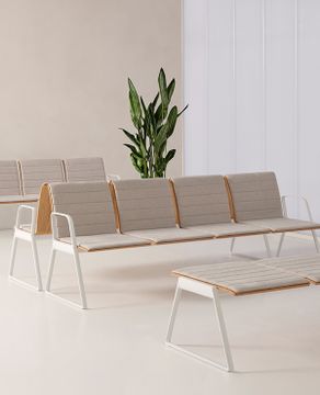 Lin Wood LIN0540 + LIN0040 + LIN0124RO + LIN0980TA + LIN0210 4 seater bench with wooden mono-shells, upholstered front panel and arms by INCLASS - view 2