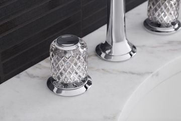 Script Decorative Sink faucet, arch spout, clear Saint-Louis crystal knob handles by Kallista - view 6