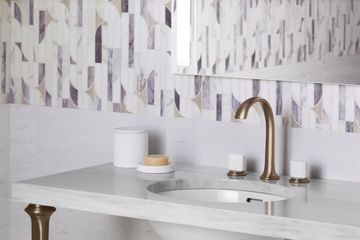 Script Decorative Sink faucet, arch spout, White Porcelain knob handles by Kallista - view 5