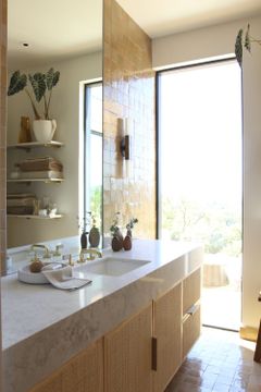 One Sink faucet, low spout, white Carrara handles by Kallista - view 7