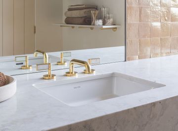 One Sink faucet, low spout, white Carrara handles by Kallista - view 6