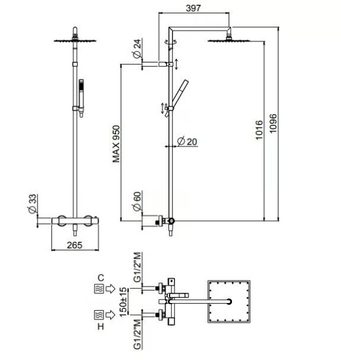 RIGOLETTO SQUARE 01-0800Q-CR/01-0900Q-CR - Wall-mounted shower panel with diverter by Carimali - view 3