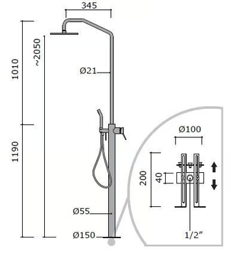 CORSIVO 11802711T - Floor standing stainless steel shower panel with diverter with overhead shower by MINA - view 3