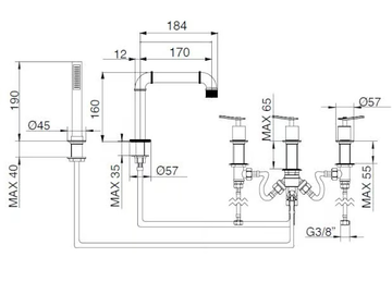 INDUSTRIAL GAS 79138410 - Deck mounted 5 hole bathtub tap with hand shower and diverter by PALAZZANI - view 3