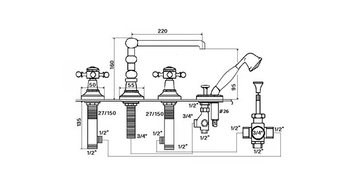 1920-1921 - 4 hole bathtub set with hand shower by RVB - view 3
