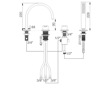 LINE - 4 hole bathtub set with hand shower by RVB - view 3