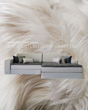 Canapé méridienne L-HUI 310 cm en lin lavé Capri et velours Tsar by Bérengère Leroy