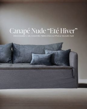Canapé Nude Origine chanvre & fibres d’eucalyptus, velours Tsar Abyss & lin Glam fumé 260 cm by Bérengère Leroy