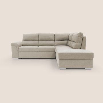 Minerva sofa corner with pull-out a cassettone and pouf storage in fabric soft water-repellent by Divani Store