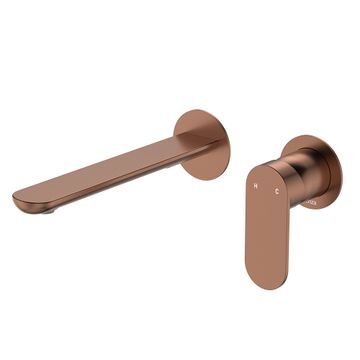 Empire Slim Basin/Bath Wall Mixer Set, Round Plates, 200mm Outlet, Brushed Copper by Fienza