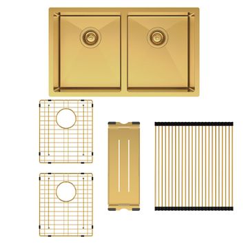 Hana 27L/27L Double Kitchen Sink Kit, PVD Rugged Brass by Fienza