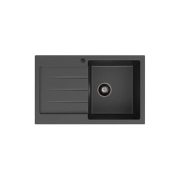 Kuro Granite 32L Single Kitchen Sink with Drainer, Right Bowl, Matte Black by Fienza