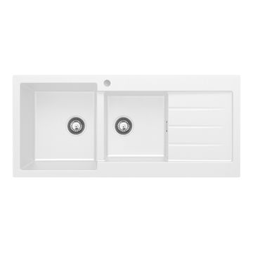 Kuro Granite 32L/22L Double Kitchen Sink with Drainer, Left Bowl, 1 Tap Hole, Matte White by Fienza