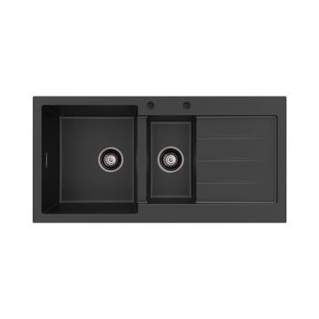 Kuro Granite 32L/14L Double Kitchen Sink with Drainer, Left Bowl, 2 Tap Holes, Matte Black by Fienza