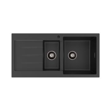 Kuro Granite 32L/14L Double Kitchen Sink with Drainer, Right Bowl, 1 Tap Hole, Matte Black by Fienza