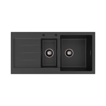 Kuro Granite 32L/14L Double Kitchen Sink with Drainer, Right Bowl, 2 Tap Holes, Matte Black by Fienza