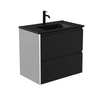 Dolce Matte Black Amato 750 Satin Black Wall-Hung Vanity, Satin White Panels by Fienza