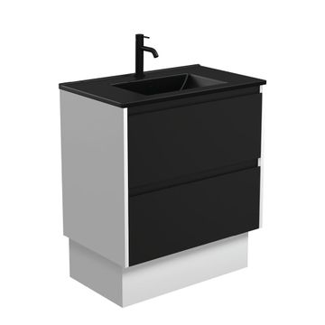 Dolce Matte Black Amato 750 Satin Black Vanity On Kick, Satin White Panels by Fienza