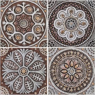 Handmade Tiles Set4 matt brown Suzani [30cm/11.8"] by G Vega