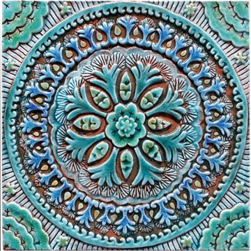 Handmade tile turquoise Suzani #4 [30cm/11.8"] by G Vega