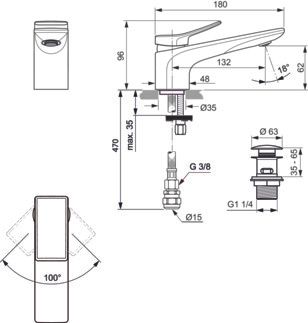 Conca Basin mixer 48x180x96 mm, 132 mm spout projection, 11 l/min (3 bar), with waste by Ideal Standard - view 5