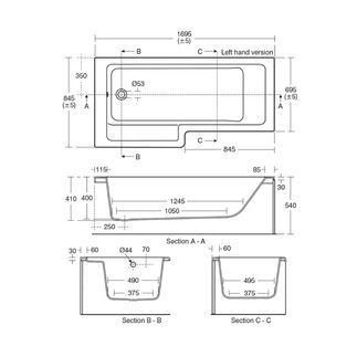 Tempo Special shaped bath 1690x845 mm, no tap hole, with overflow, no waste by Ideal Standard - view 5