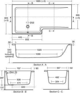 Concept Space Special shaped bath 1690x845 mm, no tap hole, with overflow, no waste by Ideal Standard - view 2