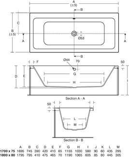Tempo Regular bath 1690x750x560 mm, no tap hole, with overflow, no waste by Ideal Standard - view 3