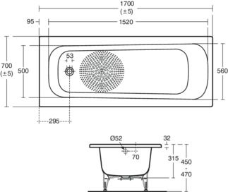 Nisa Regular bath 1695x695x315 mm, Washdown, 172 mm spout projection, mechanic, 20 l/min (3 bar), 1 tap hole, 2 tap holes, with overflow, horizontal outlet, no waste by Ideal Standard - view 2