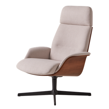 Rever Swivel lounge armchair with high back and outer shell in walnut veneer by INCLASS