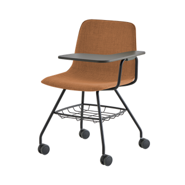 Varya Xl Chair with 4 leg frame on casters + basket + detachable arm with XL writing tablet (upholstered mono-shell) by INCLASS