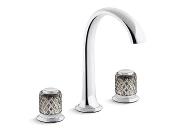 Script Decorative Sink faucet, arch spout, flannel grey Saint-Louis crystal knob handles by Kallista