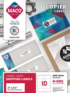 Copier White Shipping Labels, 2" x 4-1/4", 10 Sheet, 1000 Labels/Bx | Maco by MA.CO. Sofa & Bed