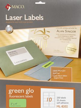 Laser Green Neon Labels, 2" x 4", 10/Sheet, 250 Labels/Pk | Maco by MA.CO. Sofa & Bed