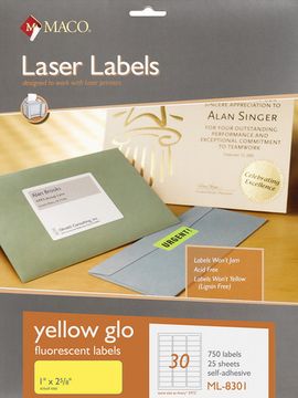 Laser Yellow Neon Labels, 1" x 2-5/8", 30/Sheet, 750 Labels/Pk | Maco by MA.CO. Sofa & Bed